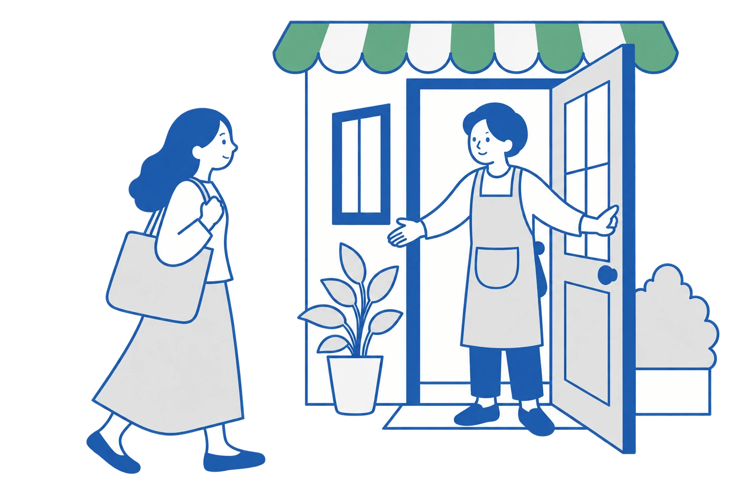 お店の入口で、訪れた人を迎えるイラスト