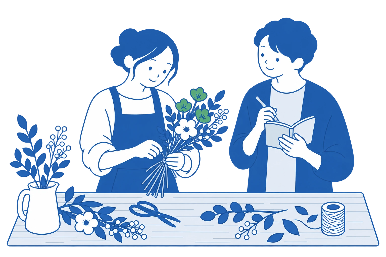 花を丁寧に束ねる仕事を見ながら、お店のことを聞くイラスト