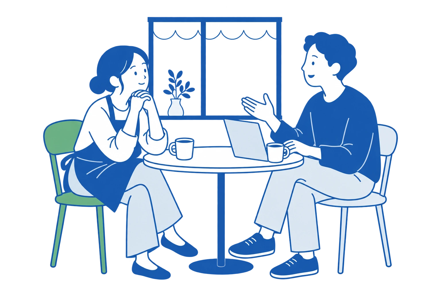 小さなお店の窓辺で、落ち着いてお店の話をする二人のイラスト