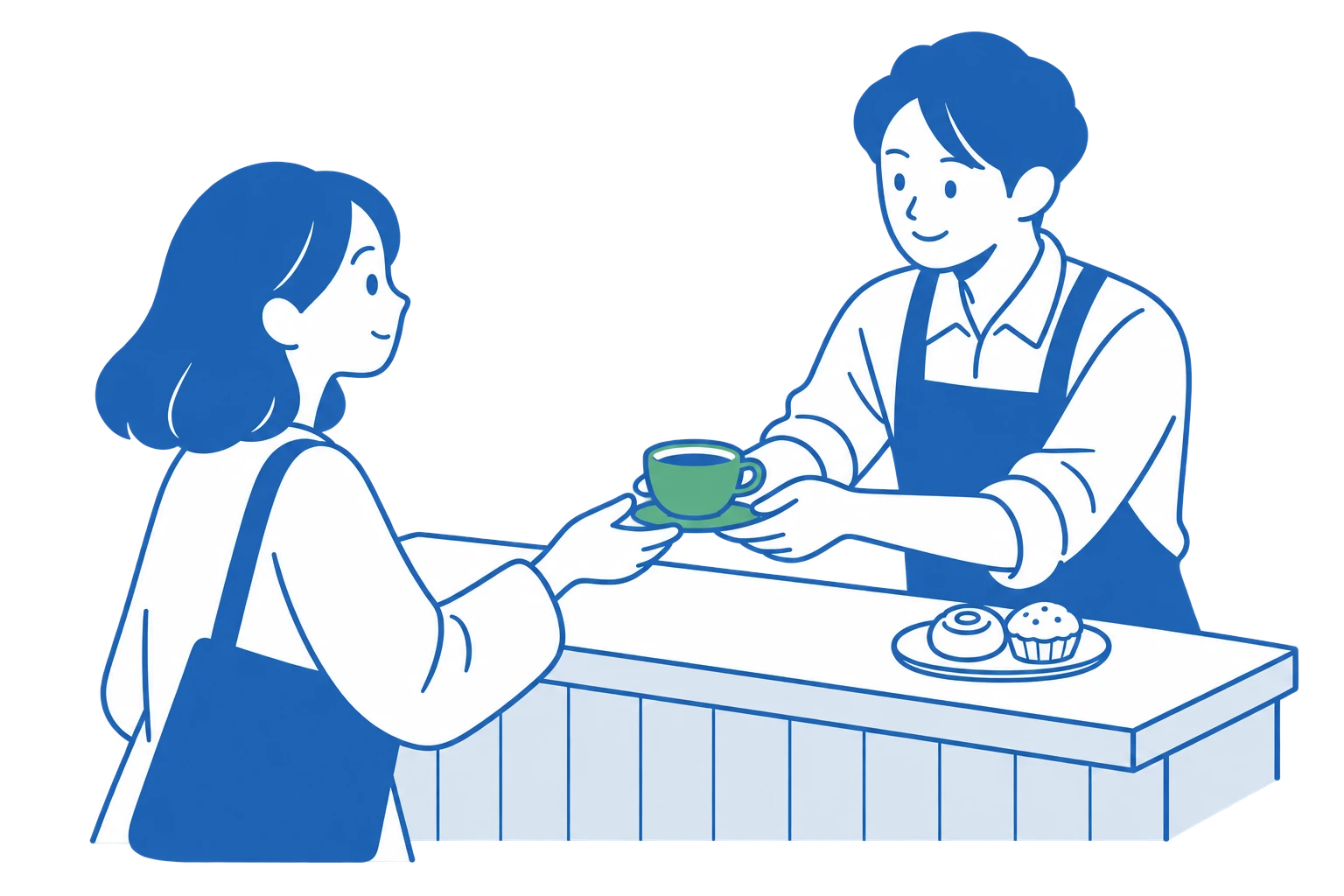 カフェのカウンターでコーヒーを渡すイラスト