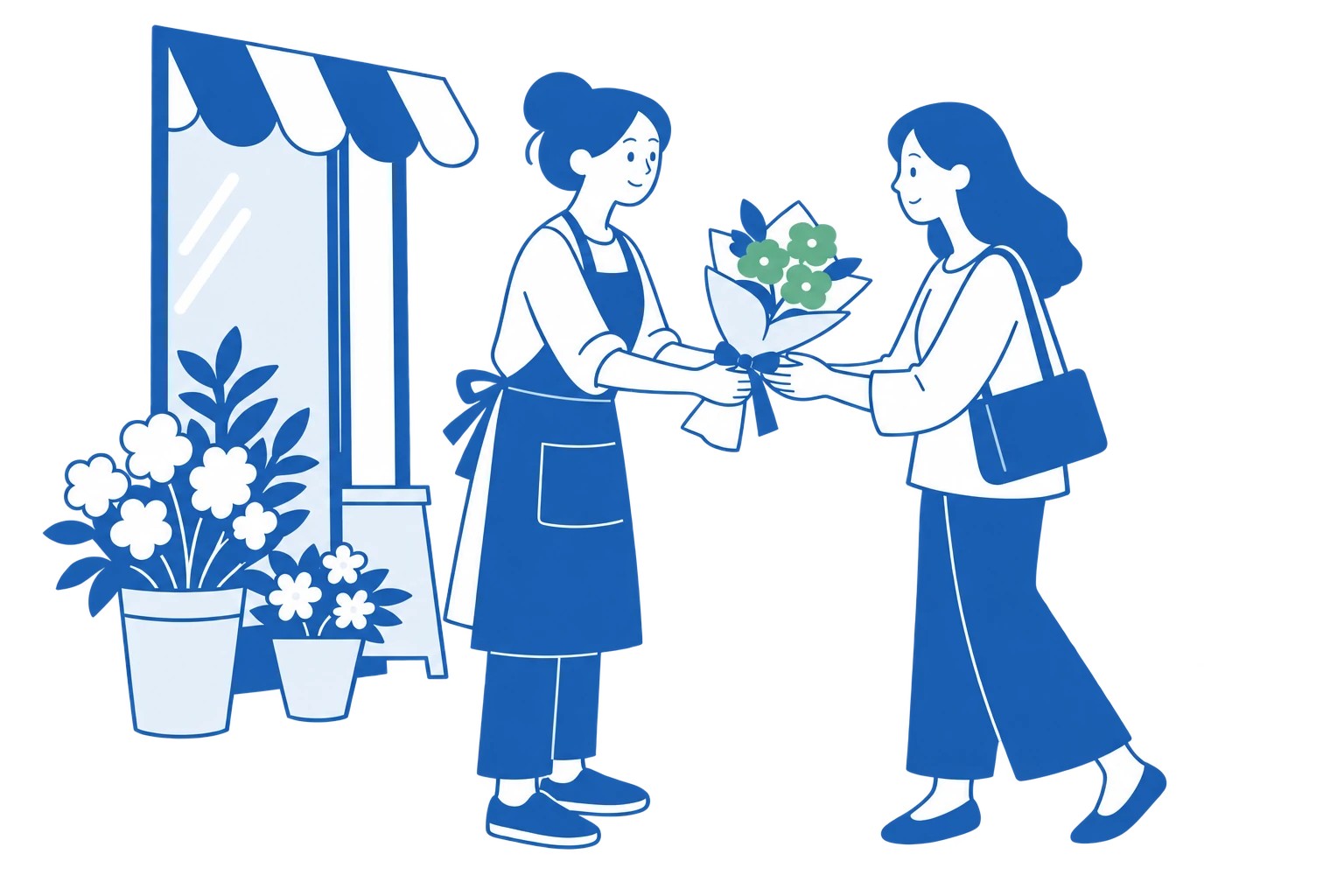 花屋で花束を手渡すイラスト
