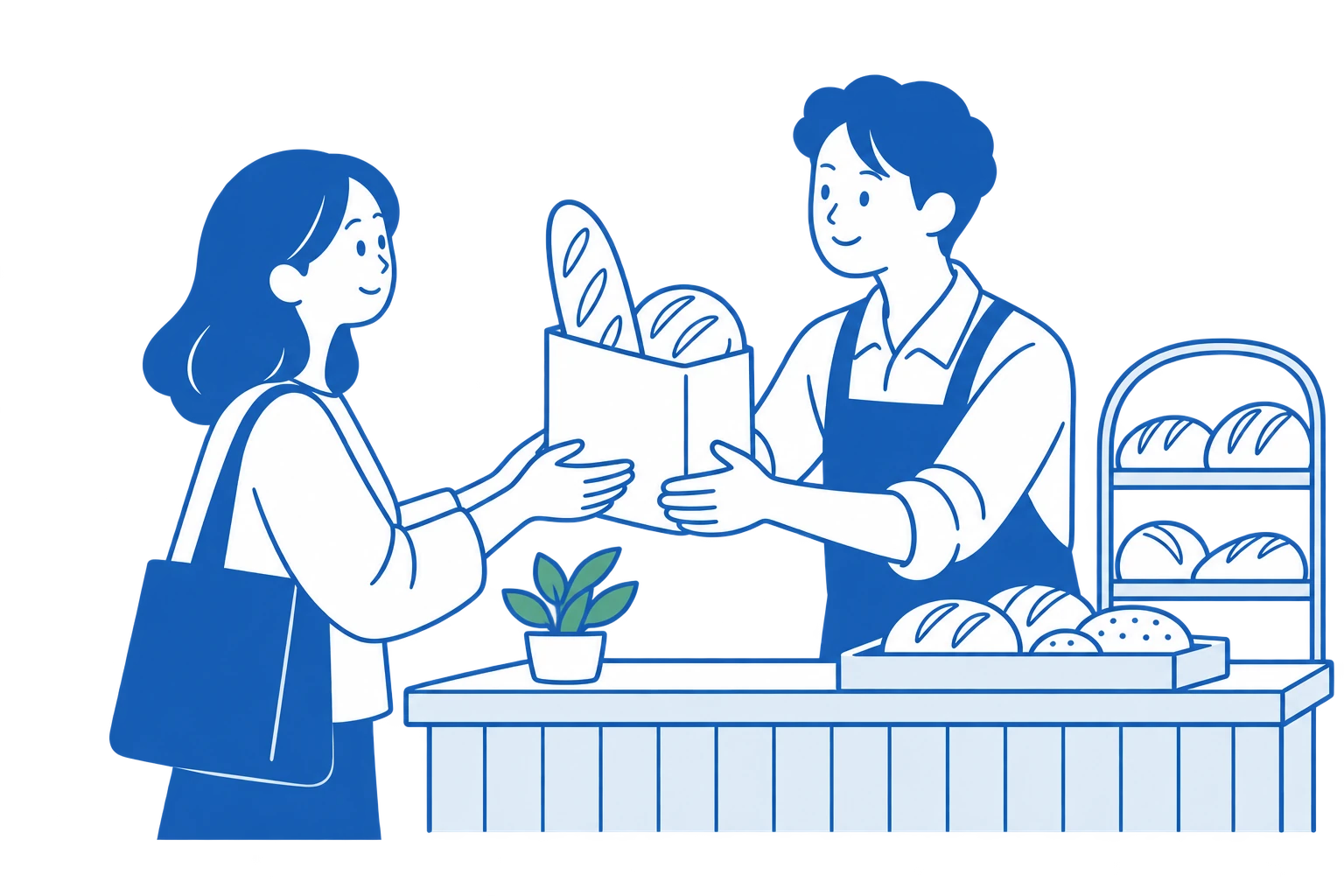 パン屋のカウンターで、パンの入った袋を手渡すイラスト