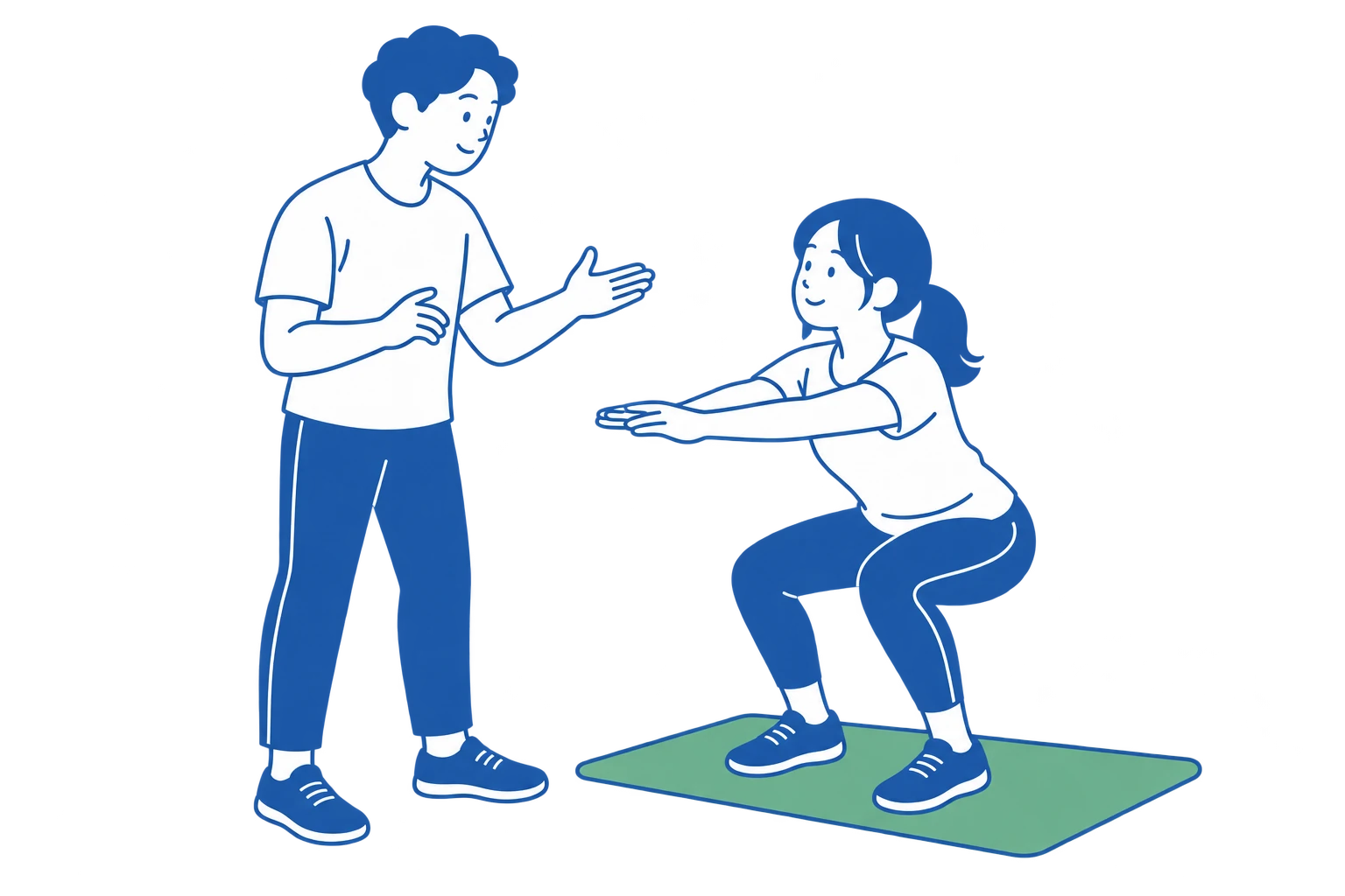 トレーナーが、お客様にスクワットの姿勢を説明するイラスト