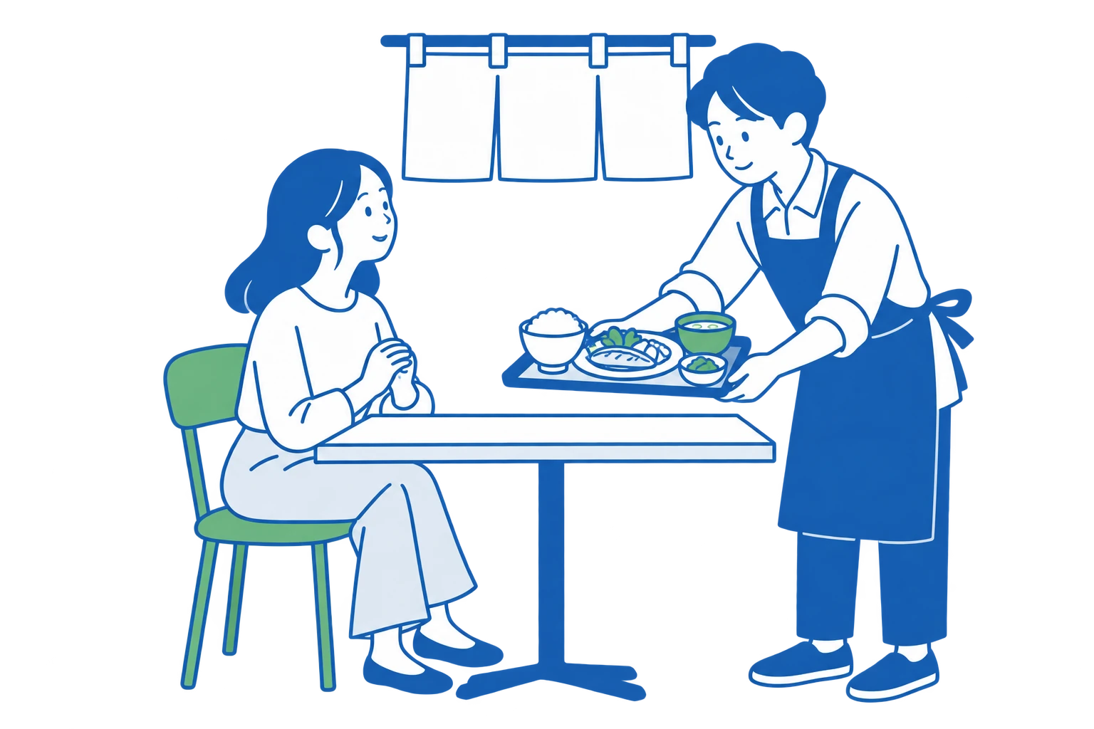小さな飲食店で、お客様に定食を配膳するイラスト